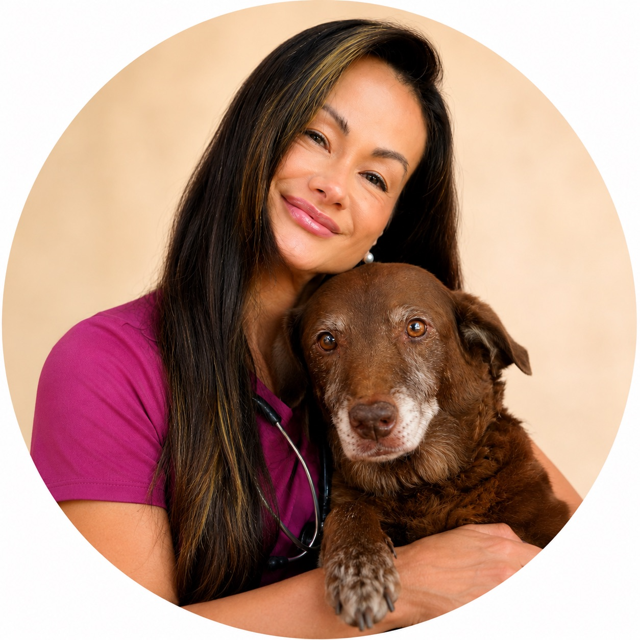 Luciana Kinoshita, médica-veterinária, ao lado de um cão idoso