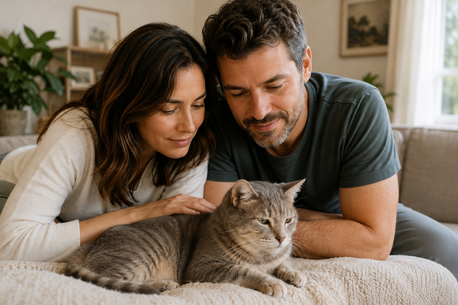 Casal observando com atenção o gato idoso, demonstrando cuidado e carinho