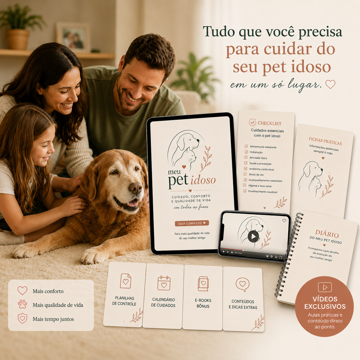 Família reunida ao lado do cão idoso, demonstrando carinho e cuidado